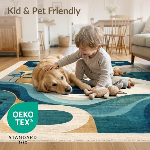 5'x7' Teal Blue Cat Boho Abstract Design Washable Area Rug