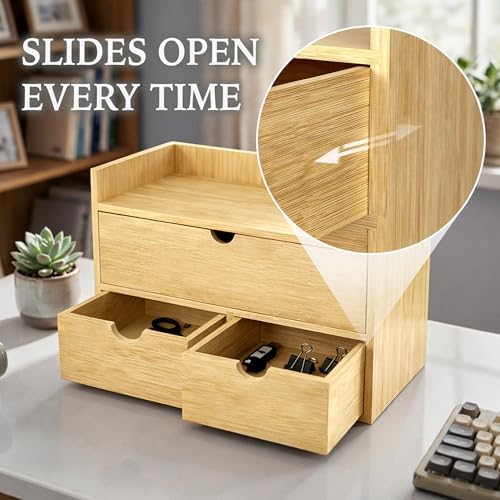 Bamboo Desk Organizer with 3 Drawers, Wood Storage Box for Office Supplies
