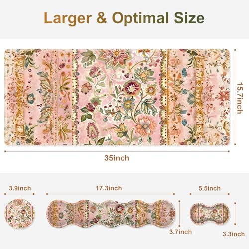 Desk Mat Gaming Mouse Pad, Cute Desk Matt Keyboard Wrist Rest for Desktop, Anti-Slip Mousepad w/Stitched Edges, XXL Large Mouse Pad with Wrist Support for Desk Computer I Pink Retro Flower Vine