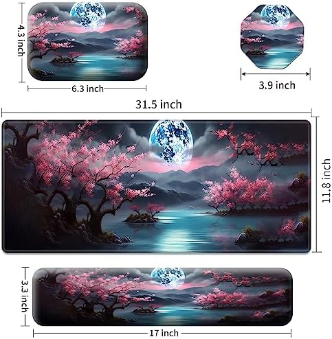 Large Gaming Mouse Pad+Memory Foam Ergonomic Keyboard Wrist Rest Support+Wrist Rest+Coaster, Extended Desk Pad Set, Stitched Edge Non Slip Desk Mat 4PC for Office & Home, Moon Cherry Blossom