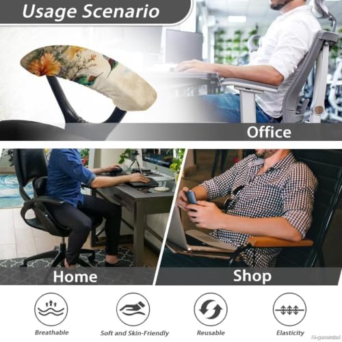 Office Chair Arm Covers Set of 2, Hummingbird Hibiscus Printed Removable Stretchable Gaming Chair Arm Rest Slipcovers, Dust-Proof Soft Elastic Computer Chair Armrest Covers, Home Decor