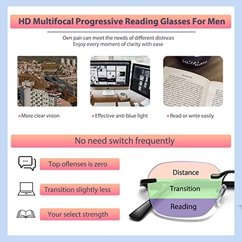 K.LAVER Progressive Multifocus Rimless Photochromic Reading Glasses Anti-Blue Light Transition Computer Multifocal Readers