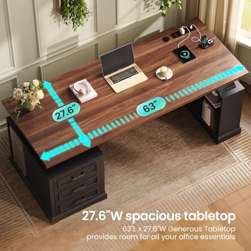 SEDETA 63" Farmhouse Electric Standing Desk with 3 Drawers, Storage Shelves
