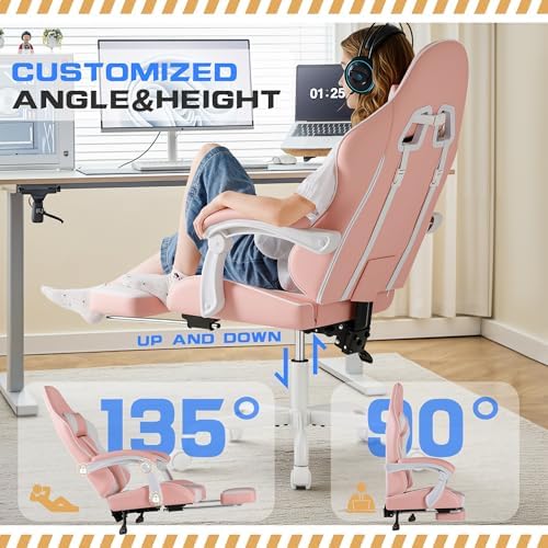 Shahoo Gaming Chair with Footrest and Massage Lumbar Support, Video Racing Seat Height Adjustable with 360° Swivel and Headrest for Office or Bedroom, Light Pink