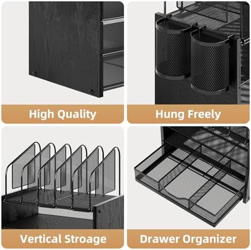 Marbrasse Desk Organizer with Drawer, 4-Tier Wooden File Organizer with 5 Vertical File Holders and 2 Pen Holders, Desk Organizers and Accessories for Home Office - Black