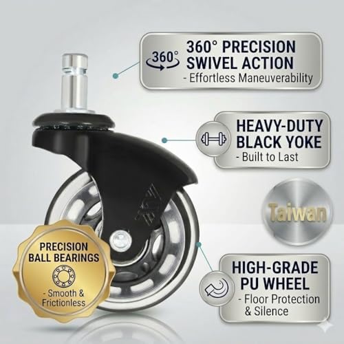 AXL Office Chair Caster Wheels Replacement - Silent Inline Skate Style Chair Casters (Set of 5), Safe for Hardwood Floors & Carpet, Universal Fit (Black/Clear)