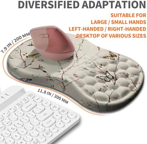 Ergonomic Joint Wrist Support Mouse Pad with Memory Foam Cushion Massage Bump, Carpal Tunnel Pain Relief Mousepad Slope Design for Wrist Rest, 11.8x7.9 in, Butterfly Hummingbird
