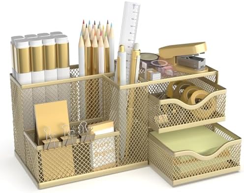 Mesh Desk Organizer with 2 Drawers, Metal Pen Holder for Desk, Gold
