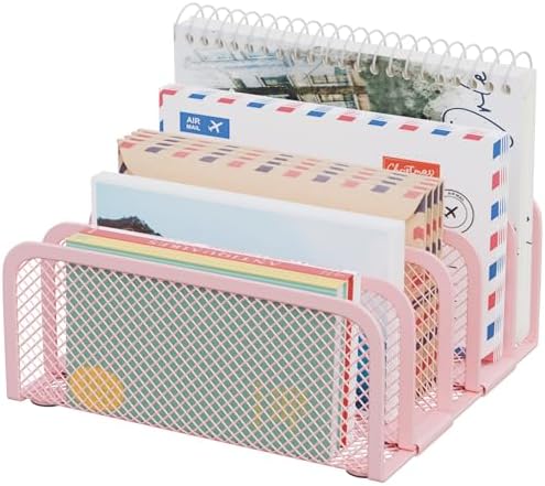 Mail Organizer Countertop, Metal File Holder with 5-Slot, Small Desk File Organizer for Letter, Bill, Mail Sorter, Desktop Letter Folder Holders for Office, Home, School (Pink)