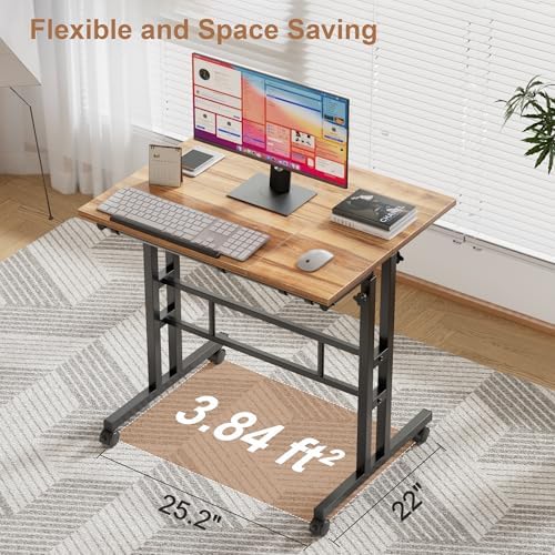 VECELO Mobile Small Standing Desk Adjustable Height, Computer Workstations with Tiltable Tabletop, Lockable Wheels, Portable Rolling Laptop Desk for Home Office, Brown