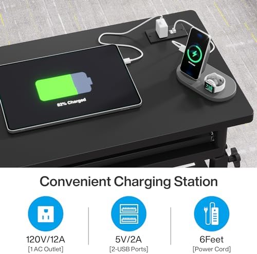 Tribesigns Small Portable Desk with Power Outlet, Height Adjustable Sofa Couch Bedside Laptop Table with Wheels, Mobile Standing Desk Rolling Computer Cart C Side Table with USB Ports