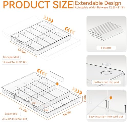 Yieach Large Expandable Desk Drawer Organizer Tray for Office Supplies and Accessories With 12 Adjustable Compartments,Office Drawer Organizers for Pencil,Pen and Kitchen Junk Drawer Organizer,Clear