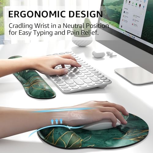KTRIO Keyboard Wrist Rest & Mouse Pad with Wrist Rest, Green Leaves