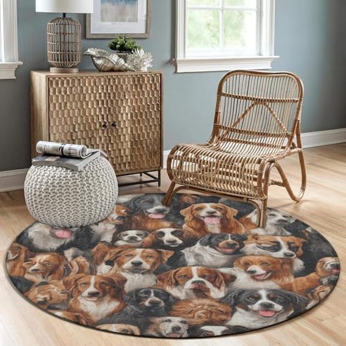 Machine Washable Modern Round Area Rug, Room Sofa Yoga Soft Round Carpet, Home Decor Non Slip Kitchen Office Circle Rug Husky Shepherd Dog Golden Hair Dog Puppy, 36inch