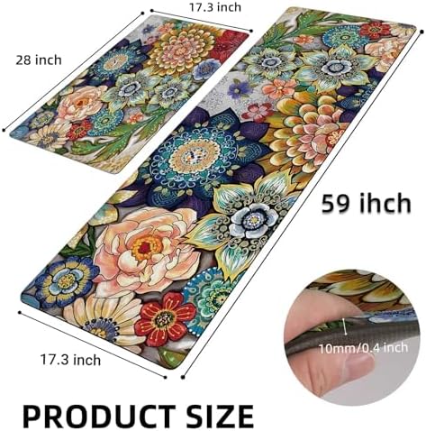 Boho Floral Kitchen Runner Rugs Mats for Floor 2 Piece Memory Foam Padded Long Kitchen Mats Anti Fatigue Cushioned Comfort Standing Mat, 17.3x28+17.3x59 Inch