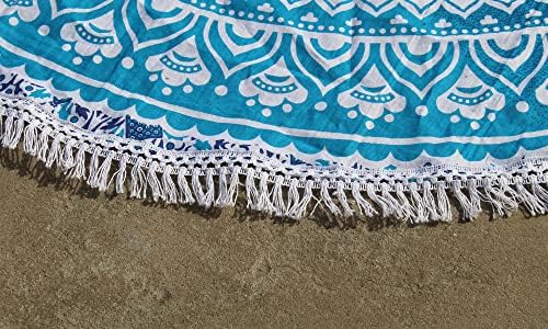 Round Beach Tapestry Turquoise Mandala Throw/Boho Hippie Beach Blanket Roundie/Indian Cotton Bohemian Large Round Table Cloth-Home Decor/Yoga Mat Meditation Picnic Rug (70", Blue and White)