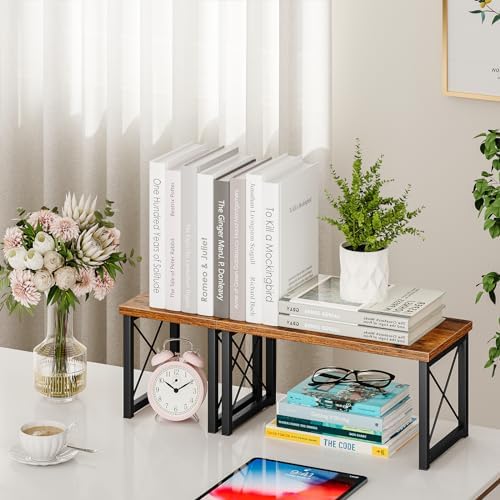 Honiter Desk Shelf Organizer, Desk Shelf for Top of Desk, 2 Tier Adjustable Small Bookshelf Organizer, Freestanding Stackable Desktop Stand, Kitchen Counter Display Rack, Rustic Brown