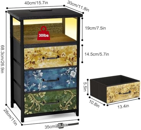 Fixwal Night Stand with 3 Fabric Drawers, Nightstand with Charging Station