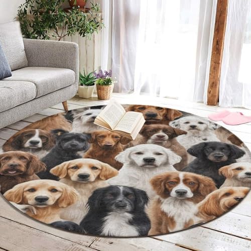 Large Home Decor Mat, Soft Round Yoga Carpet, Non Slip Machine Washable Kitchen Office Circle Rug Lover Gifts Funny Cute Dogs