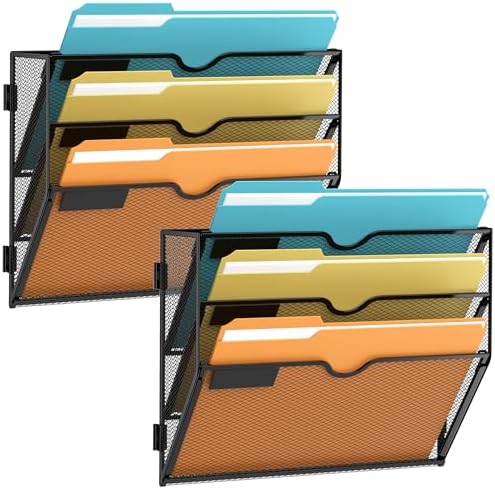SUPEASY 3 Tier Wall File Organizer, Hanging Wall Mounted Mail Organizer with Label Slots, Metal Mesh File Holder Magazine Rack for Office, Home, School or Classroom, Black, 2Pack
