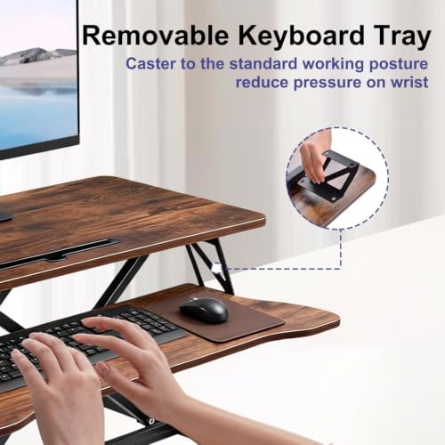 38-inch Standing Desk Converter Height Adjustable Sit to Stand Up Workstation, Duals Monitor and Laptop Riser with Wide Keyboard Tray, for Home, School, Company, Brown