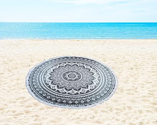 Round Beach Tapestry Turquoise Mandala Throw/Boho Hippie Beach Blanket Roundie/Indian Cotton Bohemian Large Round Table Cloth-Home Decor/Yoga Mat Meditation Picnic Rug (70", Grey)