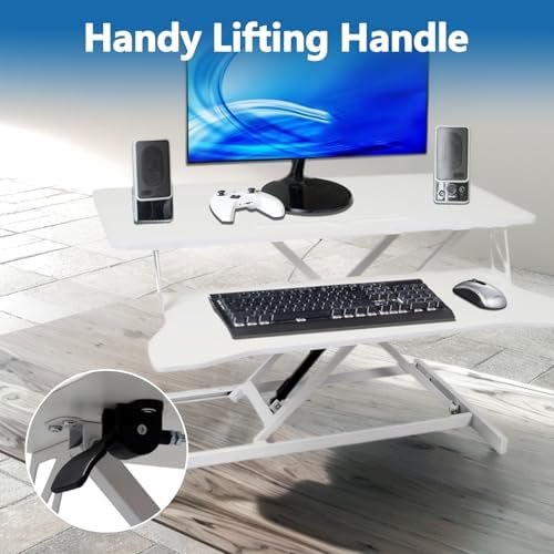 Standing Desk Converter, 32" Wide Height Adjustable Sit Stand Up Desk Riser with Keyboard Tray, Desktop Workstation Riser for Home Office Computer Laptop, Particle Board (White)
