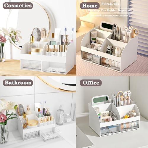 COMFYROOM Desk Accessories with Pen Holder, Office Supplies Desk Organizers and Accessories, Tape Dispenser, Stapler, Staple Remover, Staples, Clips Set, Ruler, Scissor, Pen, Tape (White)