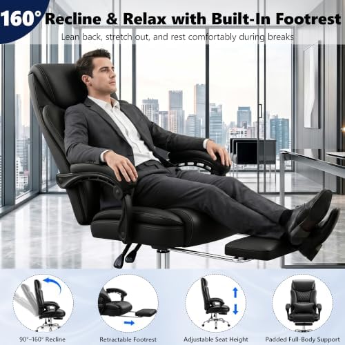 Ergonomic Office Chair Executive PU Leather High Back, 400lbs Heavy Duty Reclining Desk Chair with Footrest, Adjustable Lumbar Support, Padded Armrests, Wide Seat, Black