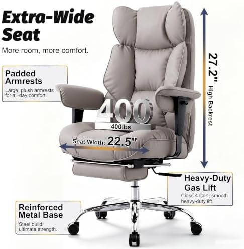 Efomao Executive Office Chair 400lbs,Grey Big and Tall Desk Chair