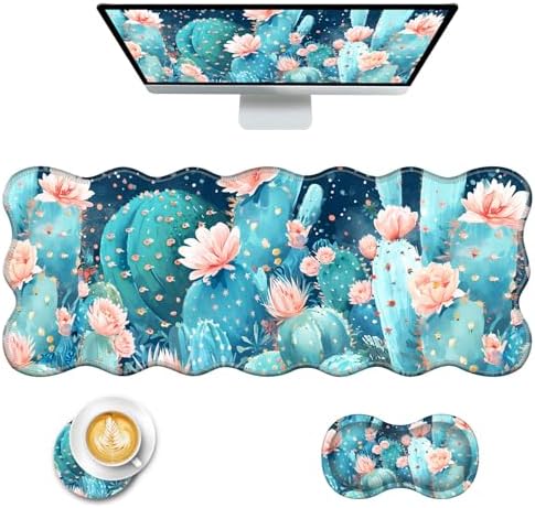 Mouse Pad with Wrist Support + Desk Mat + Coaster 3 in 1 Set, XL Large Gaming Mousepad Ergonomic Mouse Pads for Desk Computer Laptop Office,Cute Cactus