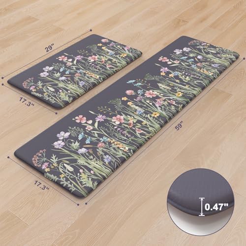 KIMODE Anti Fatigue Kitchen Mat for Floor, Floral Kitchen Rugs Sets of 2