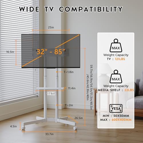 BONTEC Rolling TV Stand with Tilt, Mobile TV Cart for 32–85 Inch TVs, White