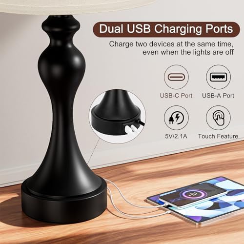 Touch Lamps for Nightstand, 3 Way Dimmable Bedside Lamps with USB C+A Ports