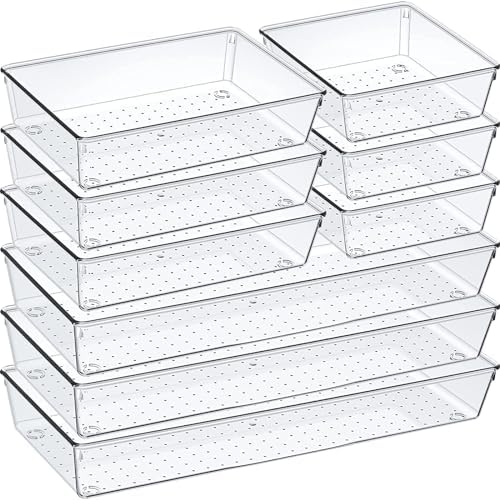 9 Pack Clear Plastic Drawer Organizer Set, Acrylic Non Slip Non Cracking Kitchen Drawer Storage Tray Large Size Divider, Multifunctional Storage for Cosmetics, Bathroom, Tools, Kitchen and Office