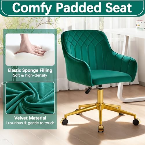 VECELO Modern Velvet Swivel Home Office Desk Chair with Back & Rolling Wheels, Adjustable Seat Height for Girls Women Bed Room Vanity Makeup/Task/Computer Work, Green