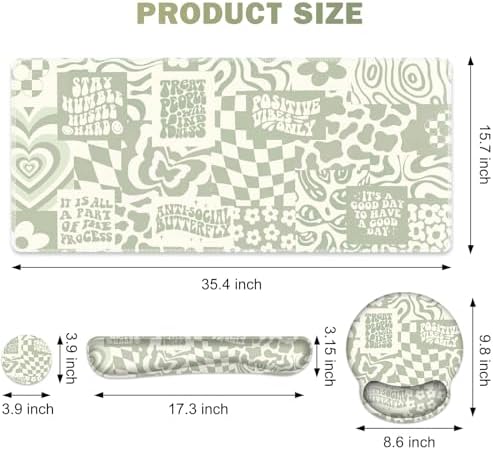 Large Desk Mat, Beige Gaming Mouse Pad, Desk Pad Protector, XXL Mousepad + Keyboard Wrist Rest+Mouse Wrist Rest+Coaster Set with Ergonomic Desk Pad for Home Office PC Computer, Retro Boho Aesthetic