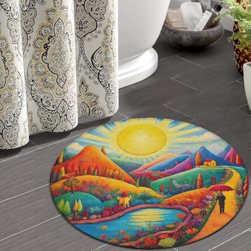 Highly Premium Quality Floor Mat, Office Chair Decor Mat, Room Sofa Yoga Soft Round Carpet Colorful Red Cottage Landscape Art, 36inch