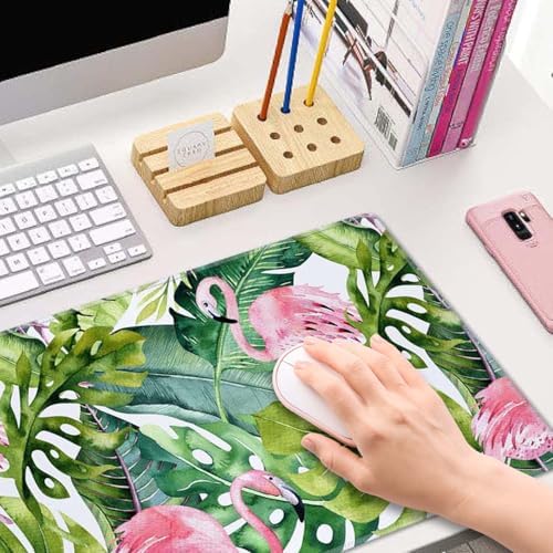 Large Gaming Mouse Pad with Stitched Edges, Watercolor Tropical Palm Tree with Flamingo Desk Mat Extended Keyboard Pad, Non-Slip Rubber Base Desk Pad for Keyboard and Mouse, 31.5X11.8 inch