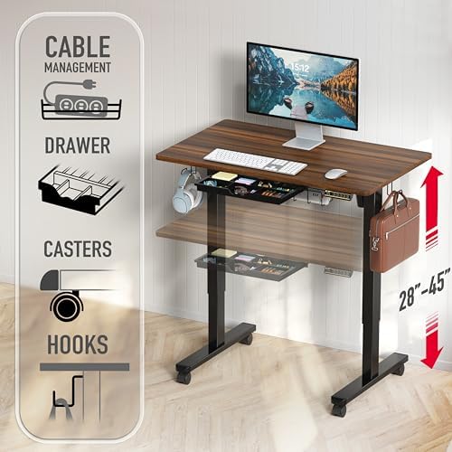 SHW Mobile Electric Height Adjustable Standing Desk w/Drawer, Black