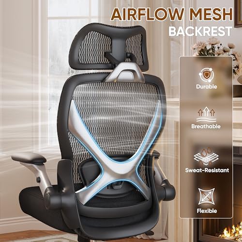 GABRYLLY Ergonomic Office Chair with Headrest, High Back Desk Chair with Flip-Up Arms, Adjustable Lumbar Support, Padded Cushion Computer Chair with 3-Stage Tilt Lock for Home Office Gaming Study