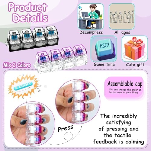 2 PCS Keyboard Fidget Toy, Keyboard Fidget Keychain 4-in-1 Keyboard Decompression Button Finger Clicker Toys, Button Stress Relief Fidget Gifts to Relief Stress (Black Purple)