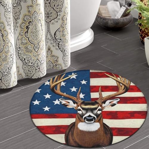 Fashion Round Area Rug Large Non Slip Carpet, American Flag Hunting Deer Unisex Home Decor Mat