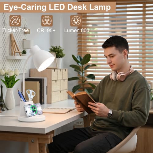 10W Wireless Charging LED Desk Lamp with Pen Holder, CRI 95, White
