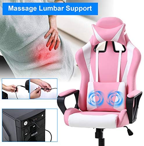 PC Gaming Chair Office Chair Racing Desk Chair with Lumbar Support Arms Headrest Massage High Back PU Leather Ergonomic Computer Chair Rolling Adjustable Swivel Chair for Women Men Adult, Pink