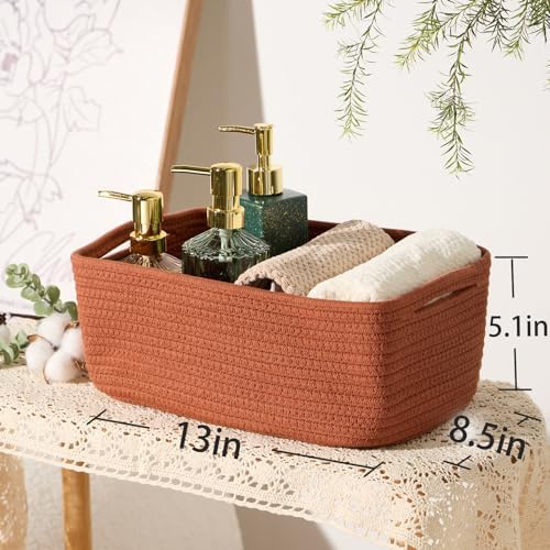 MiniArk Small Storage Baskets for Organizing | Closet Organizer Bins | Shelf Toy Basket | Woven Rope Baskets | Cube Decorative Box | Shallow Basket | 13x8.5x5.1” | 3 Packs Oxide Red