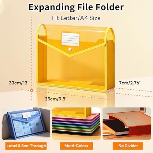 Plastic Expanding File Folder, Transparent Envelopes with Snap Closure