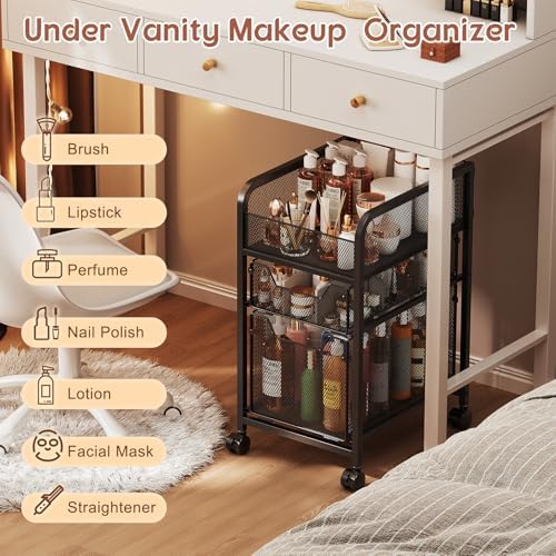Hongtamoya Rolling Makeup Cart Organizer with 2 Drawers, Narrow Floor Skincare Organizers, Vanity Organizer Cosmetics Display Cases Holder for Skin Care Nail Polish Perfume Makeup Brush, Black