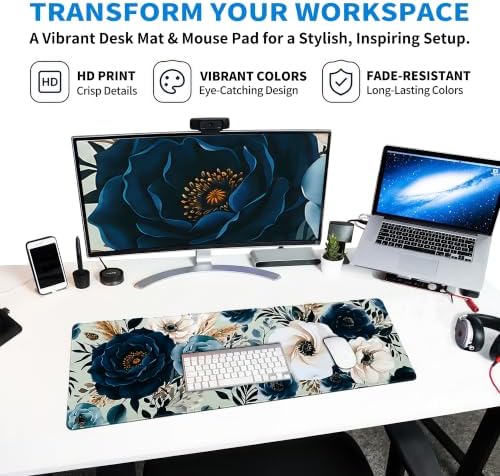 Extended Peony Florals Desk Mat, XL Large Gaming Mouse Pad, Elegant Flowers Boho Navy Blue Stitched Edges Waterproof Non-Slip Rubber Base for Computer Keyboard Laptop Work Home Office 31.5"x11.8"