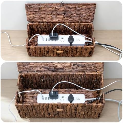 Cable Management Box with Lid, 2Pack Handwoven Real Water Hyacinth Cord Hider Organizer Boxes,2 Side Open Slots Storage Box to Hide Cords Power Strip for Desk, Floor, Office